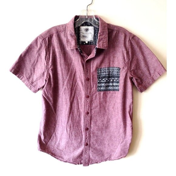 On the Byas Button Up Shirt Men's Sz Medium Red Short Sleeve Chest Pocket Cotton - Picture 1 of 14